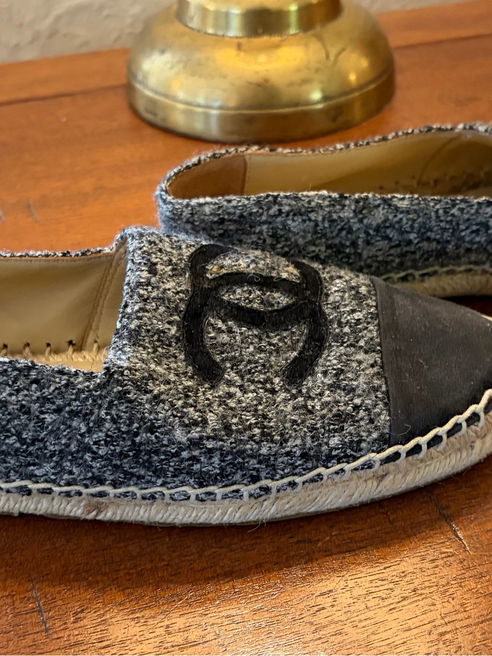 CHANEL Gray Bouclé Espadrilles with Black CC Trim - Picture 7 of 11